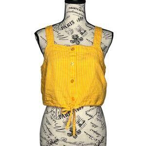 A New Day (M) Striped Button Detail Linen Blend Front Tie Crop Top Tank Shirt